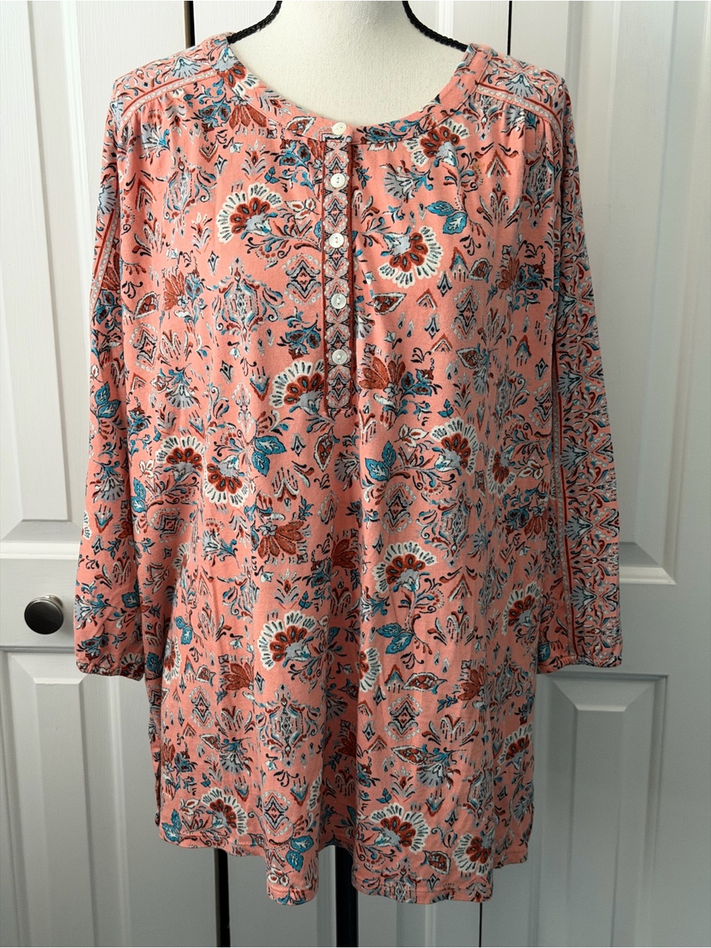 Pure Jill Coral Pink Floral Henley Tunic with Teal Accents